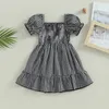 Mädchenkleider FOCUSNORM Sommer Kleinkind Mädchen Süßes Kleid 1-4Y Kurze Puffärmel Plaid Gedruckt Rüschen Knielang A-Linie