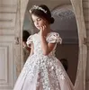 Girl Dresses Flower Dress Pink Layered Fluffy Tulle White Polka Dots Long Short Sleeved Cute Wedding Children Communion