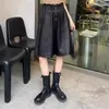 Damesshorts hiphop streetwear dames echt leer zwart hoge elastische taille wijde pijpen casual schapenvacht knielengte broek
