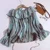 Kvinnors blusar French Tie Dye Shirt Autumn Women Boat Neck blossade ärm PLECTED LACE-UP BLouse Casual Fashion Ruffle Pullover Top