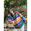 MEXZT Rainbow Striped Knitted Cardigan Women Harajuku Oversized Sweater Coat Vintage Streetwear Loose Knitwear Casual Jumpers 240219