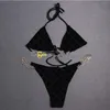 Seksowne trójkąta bikini kobiety tiul tiul koronkowy listy bielizny haftowany łańcuch kantar