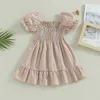 Mädchenkleider FOCUSNORM Sommer Kleinkind Mädchen Süßes Kleid 1-4Y Kurze Puffärmel Plaid Gedruckt Rüschen Knielang A-Linie