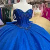 Abiti Quinceanera blu lucidi Sweetheart Tulle con spalle scoperte Perline Crystal Tull Ragazze Compleanno Principessa 15 Abiti da ballo per feste