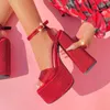 Sandals Glittering Crystal Chunky Open Toe Ankle Strap Platform Heels Evening Party Shoes Blue Pink Red Black Dress Footwear