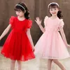 Girl Dresses Girls' Dress Summer Red Lace Short Sleeve Princess Children's Day Student Chorus Performance