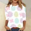 T-shirts pour femmes printemps/été col rond joyeuses pâques imprimé manches 3/4 ample complet pour les femmes couleurs unies