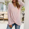 Camicette da donna Dressy Casual Torsione anteriore Tartaruga Top per donna Camicie a maniche lunghe Autunno Allentato senza cuciture a costine Stretch Tee Blusa Mujer