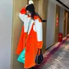 Женское меховое зимнее женское корейское повседневное оранжевое длинное женское искусственное пальто в стиле пэчворк контрастного цвета с рукавами с лацканами с имитацией пальто