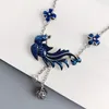 Hängen 925 Silver ClaVicle Chain Blue Emamel Phoenix Tassel Necklace For Women Vintage Style Exquisite Pendant Banket smycken