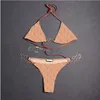 Bikini a triangolo sexy Costumi da bagno donna Tulle Biancheria intima di pizzo Lettere Catena ricamata Halter Costumi da bagno divisi Reggiseno da spiaggia Slip con cravatta Costume da bagno donna