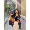 MEXZT Rainbow Striped Knitted Cardigan Women Harajuku Oversized Sweater Coat Vintage Streetwear Loose Knitwear Casual Jumpers 240219