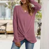 Camicette da donna Dressy Casual Torsione anteriore Tartaruga Top per donna Camicie a maniche lunghe Autunno Allentato senza cuciture a costine Stretch Tee Blusa Mujer