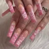 False Nails 24Pcs Long Coffin Pink Leopard Print Nail Patch Hexagram Fake Wearable French Ballerina Full Cover Press On