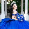 Blauw Glanzend Quinceanera Jurken Kant Applicaties Kralen Prinses Uit De Schouder Meisje Verjaardagsfeestje Jurken Zoete vestidos de 15