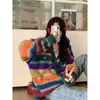 MEXZT Rainbow Striped Knitted Cardigan Women Harajuku Oversized Sweater Coat Vintage Streetwear Loose Knitwear Casual Jumpers 240219