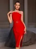 Lässige Kleider Elegante rote Hochzeit aus der Schulter trägerlos, figurbetontes Verbandkleid für Frauen Sexy ärmellose Split-Abendparty Vestido