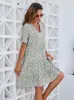 Casual Dresses 2024 Summer Floral Dress Women Viscose Loose V Neck Midi Party Ladies Short Sleeve A-Line Print Flower Ruffle XXL