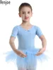 Scene Wear Kids Girls Short Sleeve Ballerina Dancewear Cotton Tulle Ballet Dance Leotard Dress Gymnastics Performance Costumes