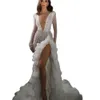 Stunningbride 2024 pérolas de luxo sereia vestidos de casamento completo beading sheer v pescoço manga longa vestido de noiva com saias em camadas vestidos de noiva