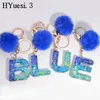 Keychains Gradient Blue Sequin Letters Keychain Fashion A-Z 26 Initials Pompom Keyring For Women Girls Purse Handbag Charm Party Gifts