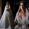 Atemberaubende 2024 wunderschöne Perlen-A-Linie-Hochzeitskleider, sexy V-Ausschnitt, lange Ärmel, volle Perlen, Plus-Size-Brautparty-Brautkleider