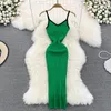 Casual Dresses Women Knit Dress Summer Sexig V-ringad ärmlös Bodycon Ladies Fashion Korean Sheath Midi Vestidos