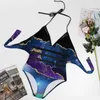 Women's Swimwear Gold Glitter Marble Swimsuit Purple Teal Print Push Up One Piece Backless Bathing Suit Sexy Stylish