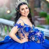 Blauw Glanzend Quinceanera Jurken Kant Applicaties Kralen Prinses Uit De Schouder Meisje Verjaardagsfeestje Jurken Zoete vestidos de 15