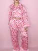 Kvinnors sömnkläder Kvinnor S Valentine Day Pyjamas Set Satin Silk Heart Love Printed PJ Set -knappen Down Long Sleeve 2 Piece