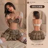 Robes de travail Lingerie Sexy col en U charme Mature élégant romantique Transparent Plaid JK étudiant plissé jupe courte ensemble uniforme 4FEF