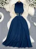 Casual Dresses 2024 Vintage Polo Neck Hollow Waist Show Slim Dress Wrap Sleeveless Single Breasted A-line Split Denim