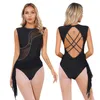 Stage Wear Donna Balletto Lyrical Dancewear Ginnastica Acrobatica Body Costume Lucido Strass Sheer Pattinaggio di Figura Tuta