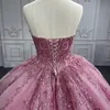 Luksusowe różowe błyszczące ukochane sukienki Quinceanera Applique koronkowe koraliki cekinowe tiul długość podłogi vestidos de 15 anos