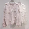 Women's Knits #7443 White Pink Mink Cashmere Cardigan Coat Women V-neck Vintage Short Mohair Knitted Female Flower Womens Sweaters