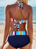 Kadın mayo iki parçalı mayolar renkli çizgili fırfırlı kravat bikini set yüksek bel alt mayolar vintage baskı
