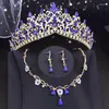 Hårklipp Royal Queen Bridal Crown Set Pink Rhinestone Crystal Wedding Dress Jewelry Party Tiaras Flower Accessories