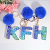 Keychains Gradient Blue Sequin Letters Keychain Fashion A-Z 26 Initials Pompom Keyring For Women Girls Purse Handbag Charm Party Gifts