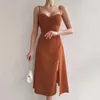 Casual klänningar sommaren hög midje rem klänning sexig split backless snörning fast färg för kvinnor elegant mode 2024 kläder