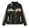 New Bow Y2k Motorcycle PU Leather Jacket Fashion Women Zipper Polo-neck Sweet Cool Coat Autumn Vintage Street Oversize Top