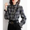 Women's Blouses Women Shirt Blouse Plaid Stand Collar For Bishop Sleeves Top 2024 Spring Clothes Blusas Mujer