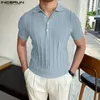 Men's Casual Shirts 2024 Men Shirt Solid Color Lapel Short Sleeve Korean Style Streetwear Knitted Leisure Clothing S-5XL INCERUN