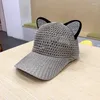 Ball Caps 2024 Women Spring Summer Sun Hat Cute Cat Ears Styling Rhinestone Baseball Cap Solid Color Breathable Shade Mesh Bone