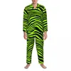Herren-Nachtwäsche, grüner Tiger-Linien-Pyjama, männlicher Tierdruck, modisch, Freizeit, Herbst, 2-teilig, lockeres, übergroßes Grafik-Pyjama-Set