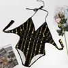 Women's Swimwear Gold Chains Swimsuit Golden Stripes Print Stylish One Piece Surf Bodysuit Sexy Hollow Out Bathing Suits