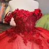 Red Shiny 3D Flowers Quinceanera Dresses Ball Gown Off The Shoulder Prom Gowns Tulle Lace Corset For Sweet 15 Girls Party