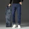 2024 Nowe zimowe męskie ciepłe dżinsy zagęszczone rozciągające polarowe wełniane dżinsy czarne niebieskie biznesowe moda