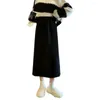Kjolar veckade kjol tjock varm fast färg a-line midi för kvinnor med elastisk hög midja lös splittring fall vinter pendling