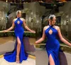 Seksi kraliyet mavisi denizkızı balo elbiseleri kadınlar için uzun boylu boyun saten yüksek yan bölünmüş süpürme tren akşam parti elbiseleri resmi giymek doğum günü yarışması ünlü elbise