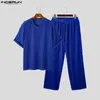 INCERUN Men Sets Solid Color Streetwear Pleated Oversize Oneck Short Sleeve T Shirt Pants 2PCS Fashion Casual Suits 240220